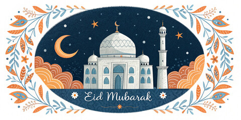 Islamic-themed Eid Mubarak greeting card featuring a beautifully designed mosque, crescent moon, and decorative floral elements