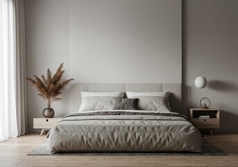 Modern Minimalist Bedroom with Elegant Neutral Tones and Stylish Decor Featuring a Cozy Bed, Night Stands, and Indoor Plant