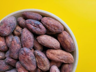 Raw pile of cocoa beans on a yellow background.