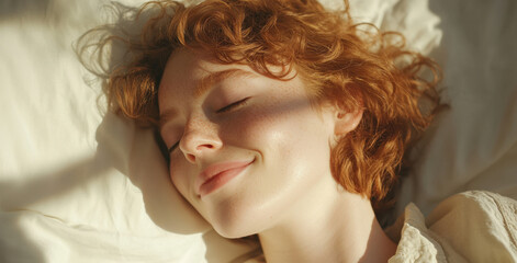Fototapeta premium A woman with wavy hair peacefully sleeps in the sun, enjoying the warmth and tranquility while resting on soft, white bedding