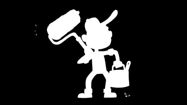 Cartoon painter
Loop cycle animation of  a professional painter, he has a paint roller and a bucket of on alpha channel background.
Hand-drawn 2-d animation.