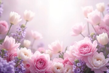 Soft pastel shades of flowers: Pink peonies, white tulips and lilacs for dreamy and sensual Pisces. Copy space. Greeting, Invitation, Celebration card, backdrop for Wedding, Mother's, Women's Day