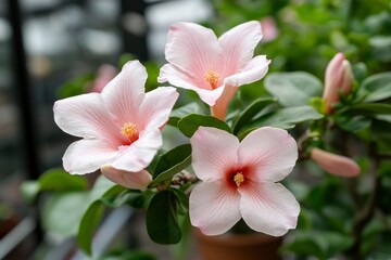 Pink hibiscus flowers blooming in a garden, used for beauty or decoration
