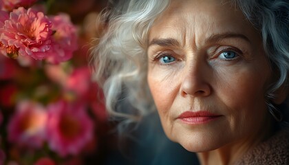 Close Up of Pink Flowers with Soft Gray Hair Background