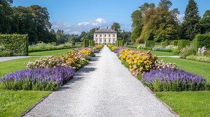 Garden path to stately home, summer, Ireland