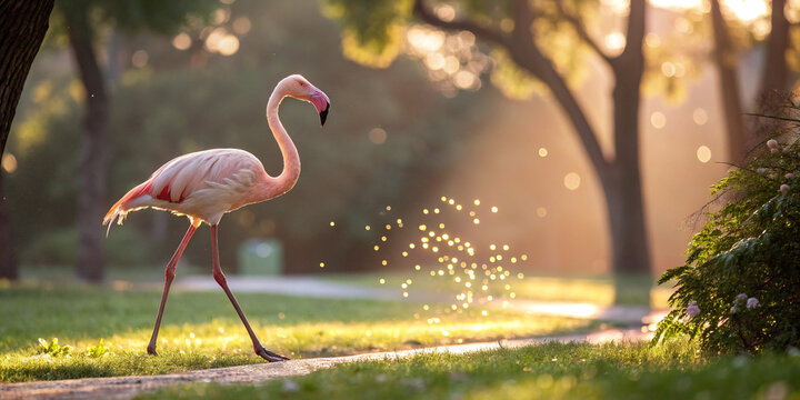 Another Charming Pink Flamingo in the Park Captured with Sunlight and Bokeh Effects