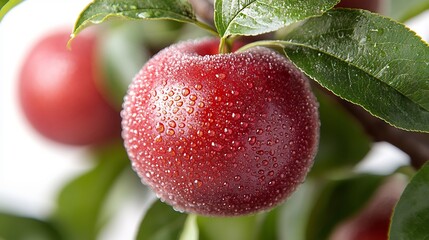 Close Up Of Ripe Red Peach With Water Drops On Branch With Green Leaves
