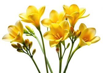 Naklejka premium Isolated yellow freesia silhouettes create a sophisticated, botanical image; elegant floral forms against a clean white backdrop.