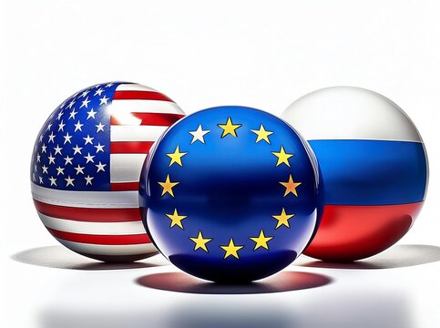 ball of the flags of the USA, Russia and the EU on a white background