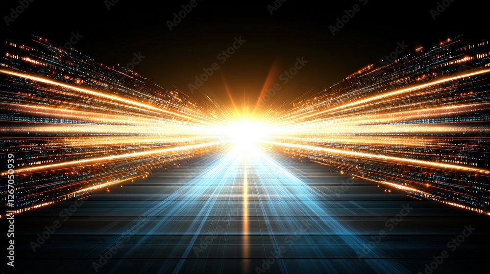 Poster abstract technology background featuring glowing lines and rays in a blue vector design with high fi