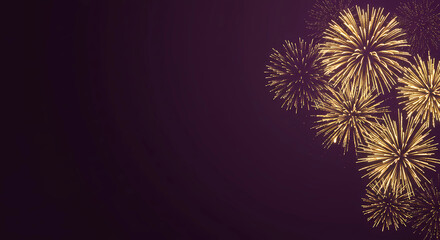 A dazzling array of golden fireworks on a rich purple background, featuring ample copy space for additional content, generative ai