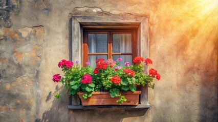 Sunlit window box overflowing with vibrant red and pink flowers against a rustic, textured wall.