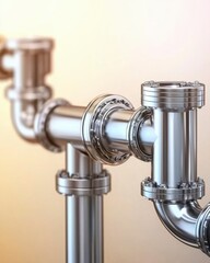 Sleek Metal Plumbing Pipes and Fittings Against Soft Gradient Background for Industrial Decor or Design