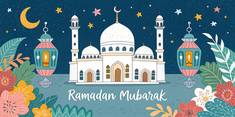 Islamic-themed Ramadan Mubarak greeting with a stunning mosque, glowing lanterns, and an enchanting night sky