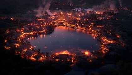 Cityscape at night lit up by fire near a lake in a mountainous region