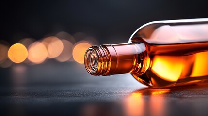 Close Up Of Wine Bottle With Reflection Against Dark Blurred Background