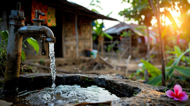 Clean Water Access: A rusty tap pours clean water into a worn stone basin in a rural village setting.