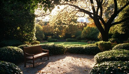 Bench view of lawn at park on bright sunny day for relaxation or thought