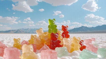 Colorful Gummy Bears on a Salt Flat Under Blue Sky with Clouds