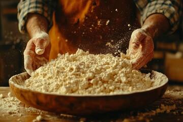 Fototapeta premium Baker works dough in bowl, flour flies in kitchen, making bread