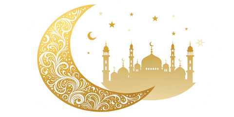 Luxury Ramadan Kareem greeting card featuring a golden crescent, shining stars, and a mosque silhouette in an elegant white backdrop