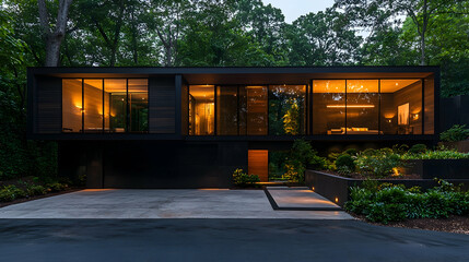 Fototapeta premium Modern house, forest setting, evening lighting, landscaping, real estate