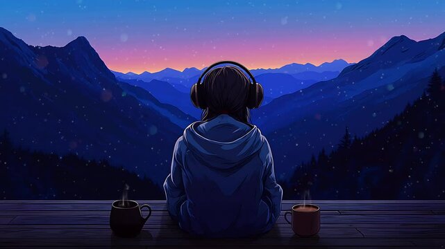 Girl Watching Mountain Sunset with Tea. Seamless looping time lapse animation video background  

