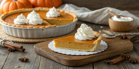 Another Delicious Pumpkin Pie with Whipped Cream on a Rustic Background for Fall Celebrations