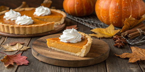 Fototapeta premium Delicious Pumpkin Pie with Whipped Cream on a Rustic Background for Fall Celebrations