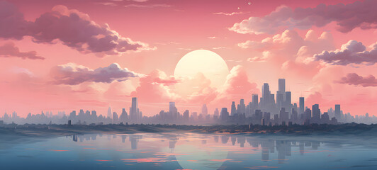 Fototapeta premium Minimalist digital artwork of a cityscape at sunrise, ai generative