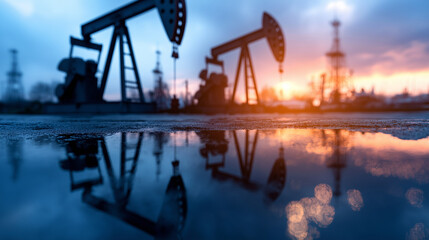A shot of oil pumps against the backdrop of an industrial site, their mirrored reflections dancing on the surface of a nearby water puddle, under the soft light of early morning.