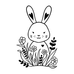 Adorable black and white vector illustration of a cute bunny with heart-shaped ears, surrounded by flowers and leaves. Perfect for coloring books, nursery prints, greeting cards, and creative designs.