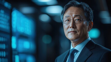 Confident Asian Businessman in Modern Tech Environment