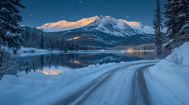 Winter Wonderland Road: A snow-covered road winds its way through a serene winter landscape, with a majestic mountain range reflecting in the calm lake under a starlit sky.