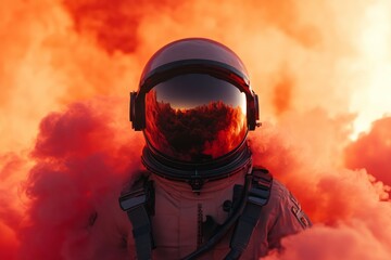Lone astronaut amid fiery cosmos. AI generated