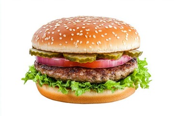 Cheeseburger on white background with lettuce and tomato. AI generated