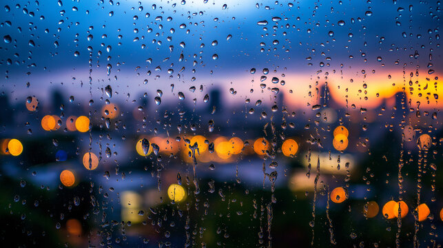 Rainy Window View of Cityscape at Sunset with Blur Background and Droplets