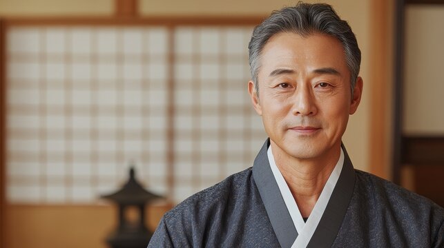 Serene Senior Japanese Man in Traditional Kimono