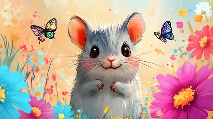 Charming mouse surrounded by colorful flowers and butterflies in a whimsical garden scene