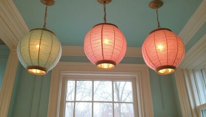 Colorful Paper Lanterns Hanging from Ceiling with Soft Lighting