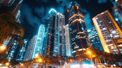 Obraz premium City skyline at night with blurred traffic lights creating a dynamic urban atmosphere and motion effect