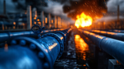 Industrial-grade blue pipes running along a massive energy plant, their shut-off valves locked in place, as a fireball erupts in the background, shrouding the facility in thick bla