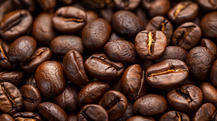 Naklejka premium Coffee Bean Texture: An intricate and captivating close-up of dark roasted coffee beans, showcasing their rich brown hues and intricate details.
