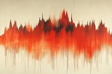 Abstract sound wave art in vibrant red hues against a soft beige background, evoking emotion