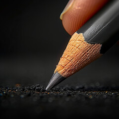 Graphite Trail: A close-up, macro shot of a graphite pencil leaving a trail of dark gray on a black surface, capturing the meticulous detail and artistic process in its simplest form.