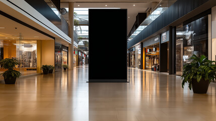 A massive black vertical billboard stands in the heart of a modern shopping mall, its sleek surface reflecting the bright lights and stylish storefronts around it.