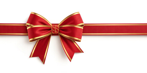 A Beautiful Red Ribbon and Bow with Gold Accents Isolated on a White Background, Ideal for Gift Wrapping