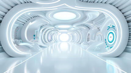 Obraz premium Futuristic White Corridor: A sleek, futuristic corridor with glowing white walls and a bright light at the end, creating a sense of mystery and technological advancement. The smooth.