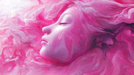 Fototapeta premium Ethereal portrait of a serene woman with flowing pink hair, surrounded by vibrant swirling colors