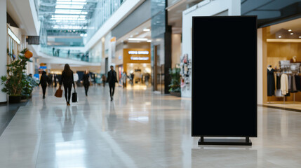A towering black vertical billboard in a luxury shopping mall, its blank canvas reflecting the movement of fashion-forward shoppers in the background.